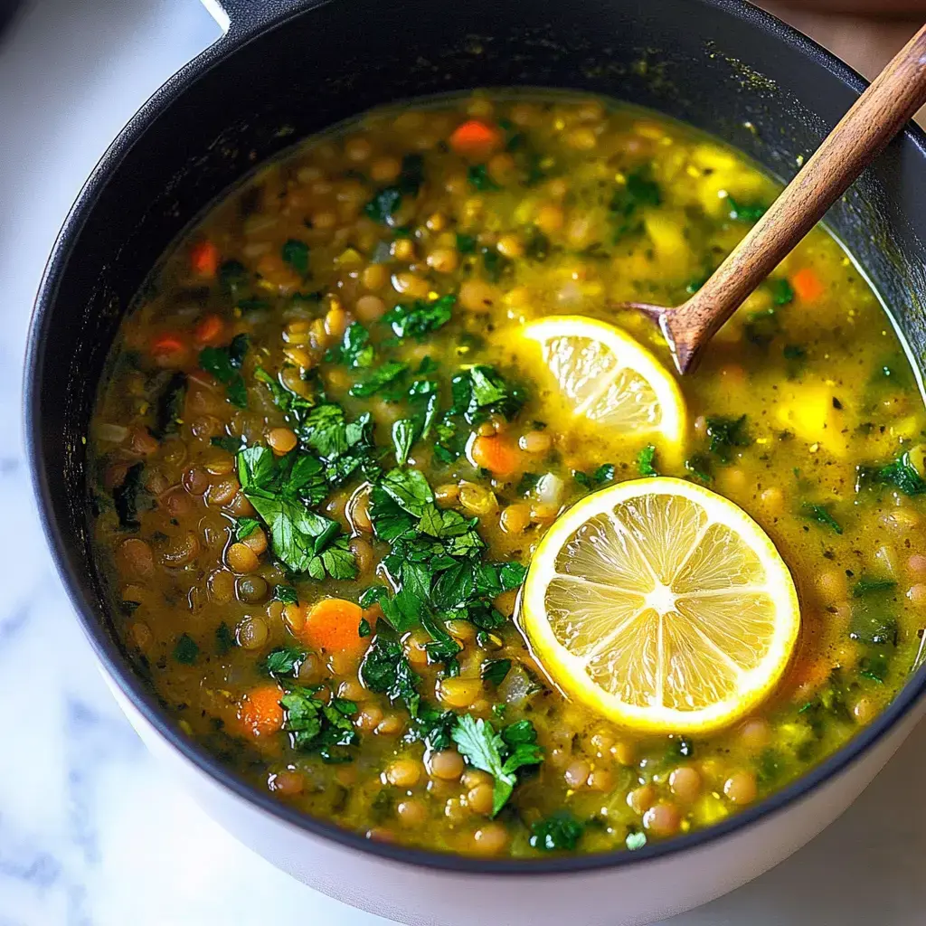 A close-up of a pot of lentil soup garnished with fresh herbs and lemon slices.