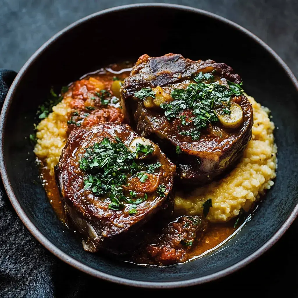 A bowl of tender braised meat served over a bed of creamy polenta, garnished with fresh herbs and a rich sauce.