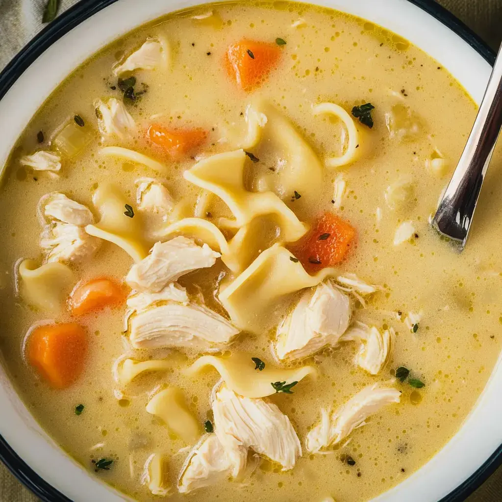 A close-up of a bowl of chicken noodle soup featuring pieces of chicken, egg noodles, carrots, and herbs in a creamy broth.