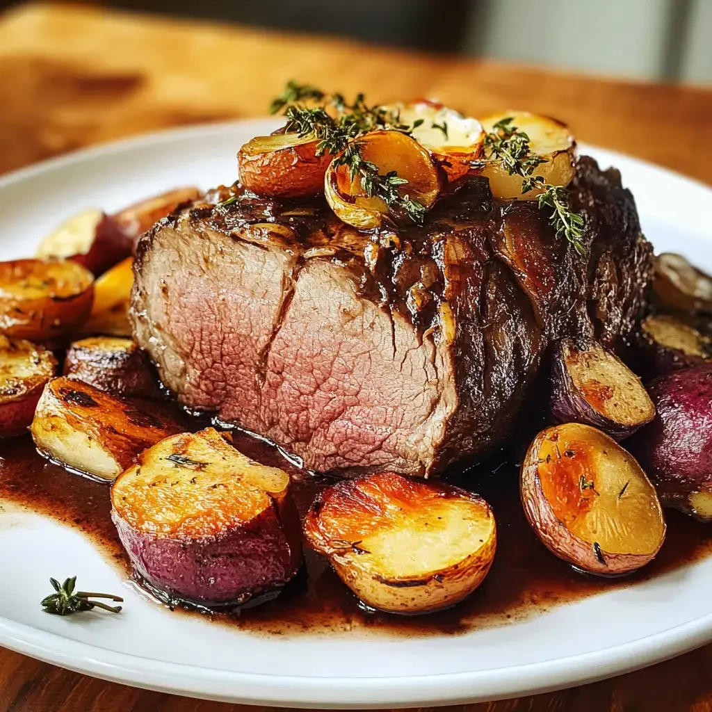 A succulent roast beef with a pink center, garnished with thyme and served alongside roasted golden and purple potatoes.