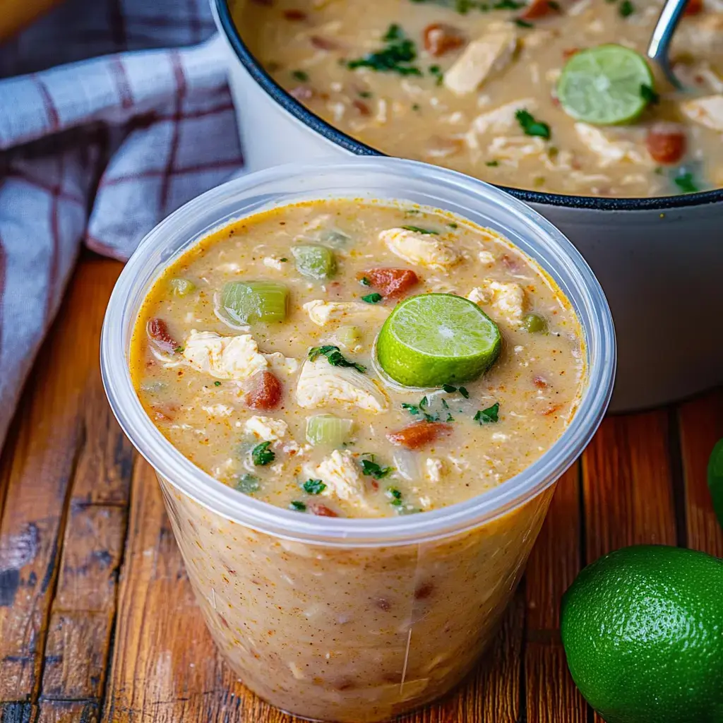 A clear plastic container filled with creamy soup containing chunks of chicken, green vegetables, and garnished with lime slices, next to a pot of the same soup and fresh limes on a wooden surface.