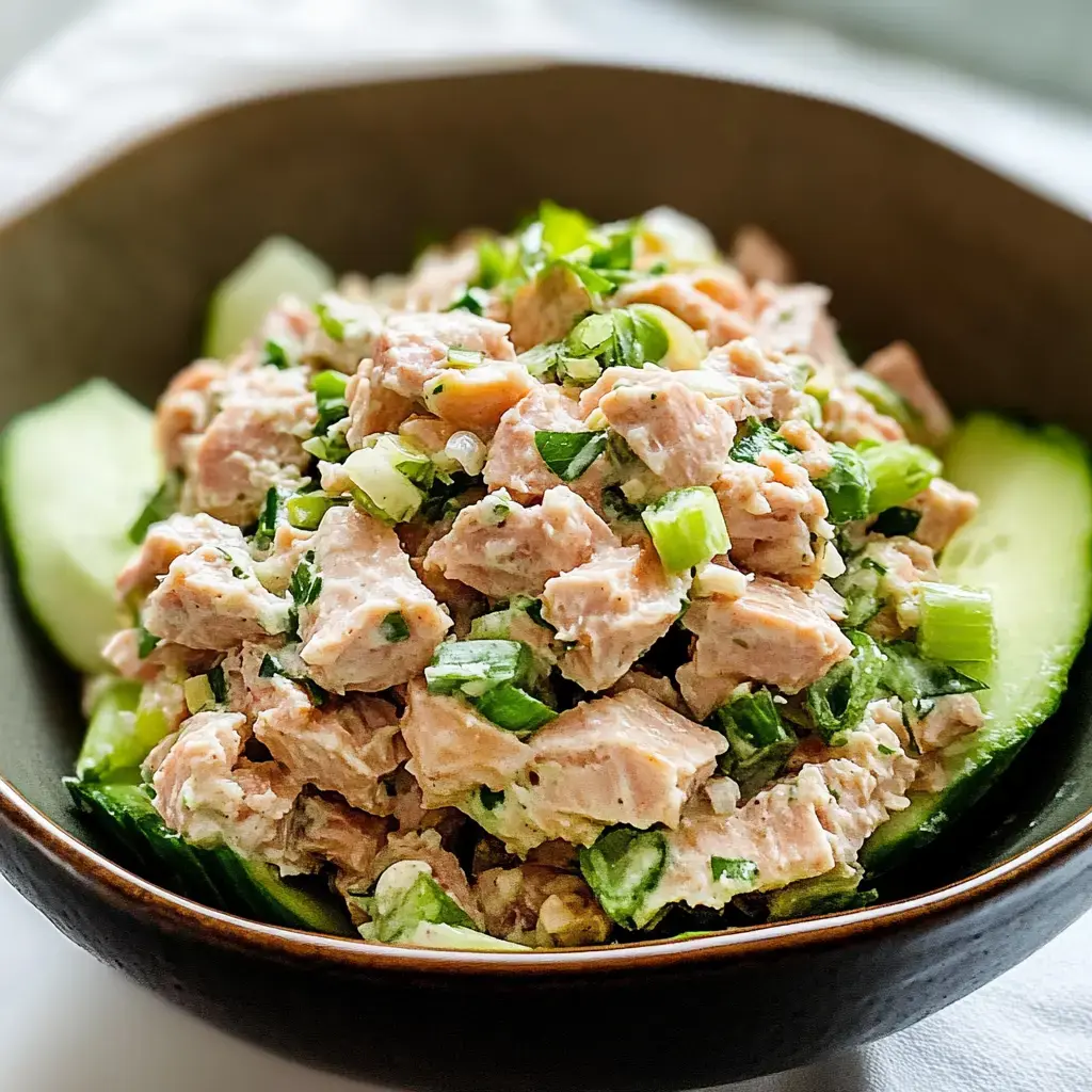 A bowl of diced salmon mixed with green onions and herbs, served on a bed of cucumber slices.