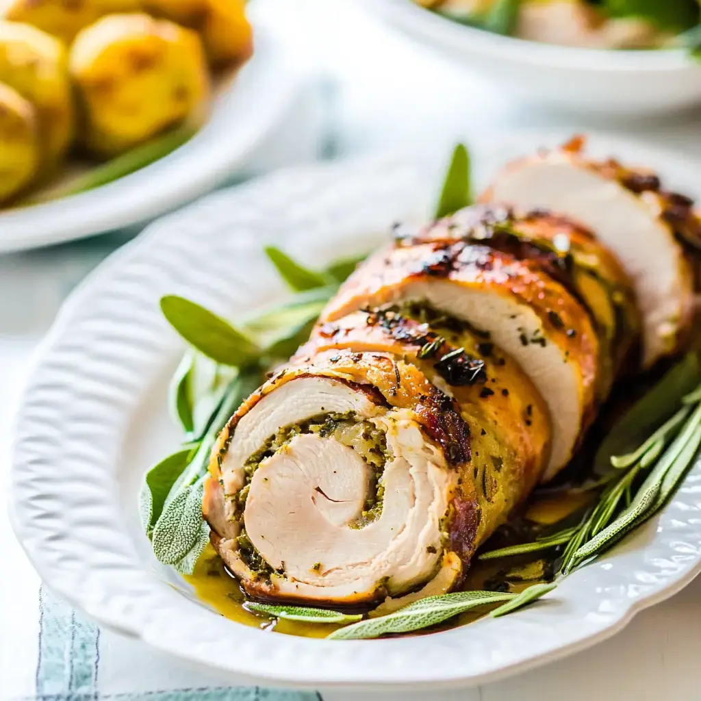 Sliced herb-stuffed chicken roulade served on a platter with fresh sage leaves.