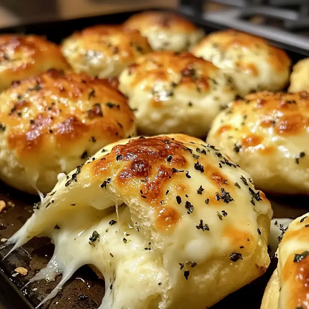 A close-up of freshly baked golden-brown cheese-filled rolls, oozing melted cheese and topped with herbs.