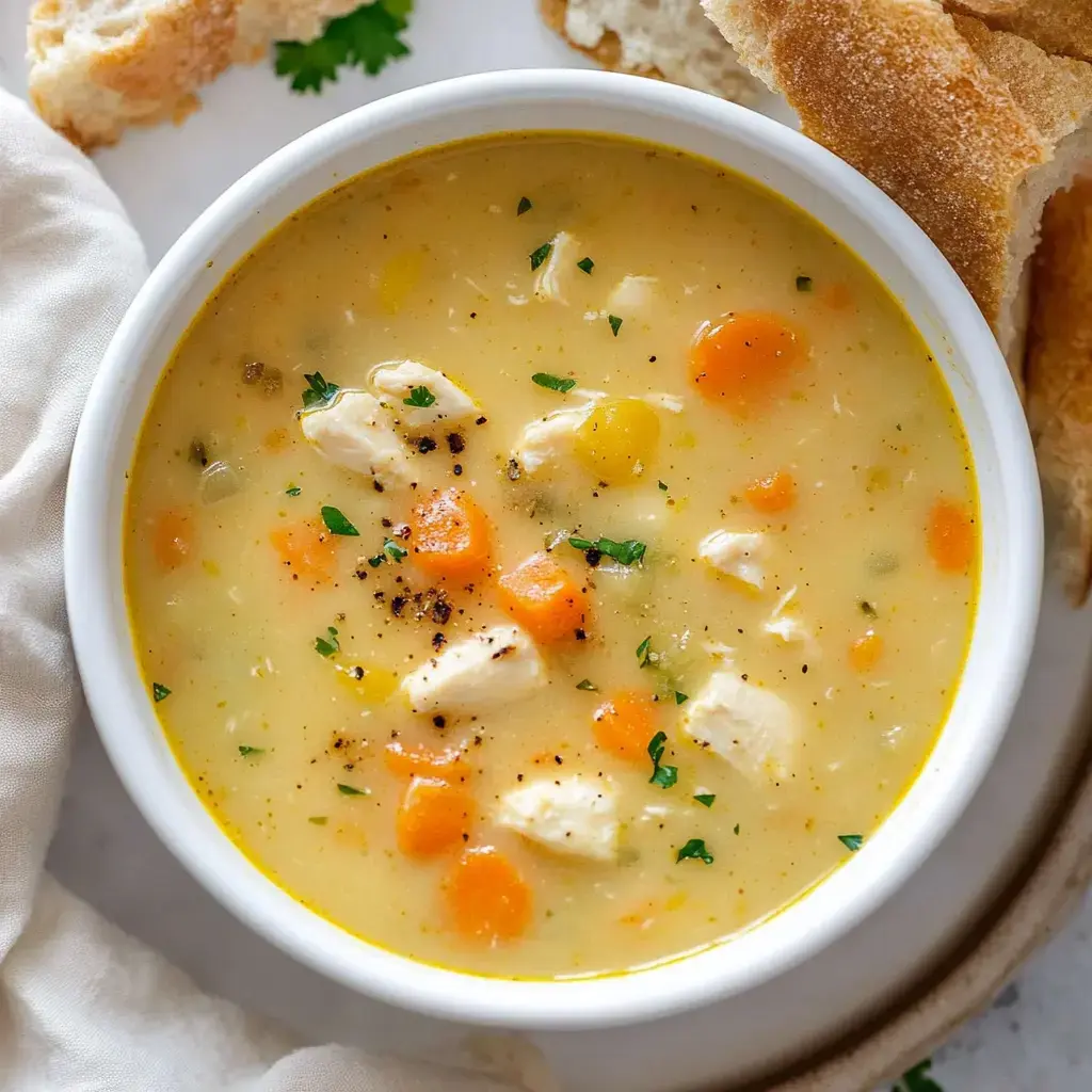 A bowl of creamy chicken soup filled with diced vegetables and herbs, served alongside pieces of bread.