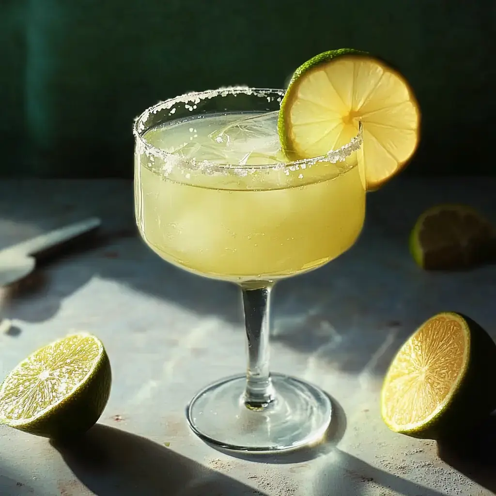 A refreshing margarita in a glass with a salted rim, garnished with a lime slice, surrounded by halved limes on a countertop.