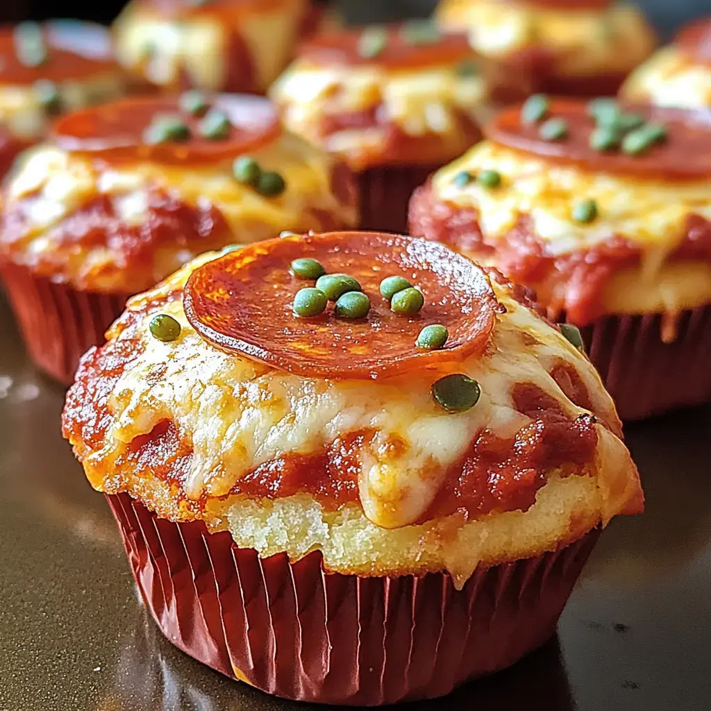 A close-up of savory muffins topped with cheese, pepperoni slices, and green toppings, arranged on a dark tray.