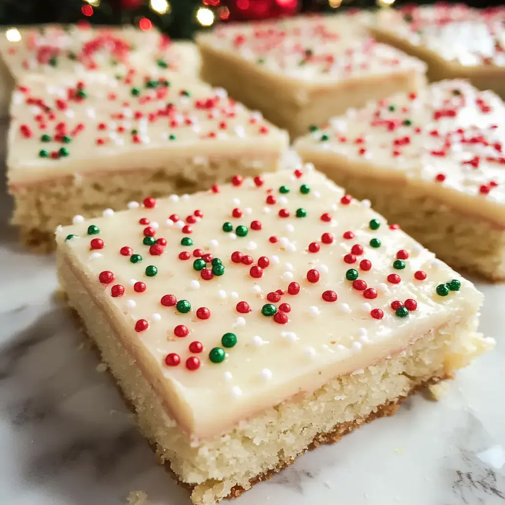 A close-up of festive dessert squares topped with creamy frosting and colorful red, green, and white sprinkles.