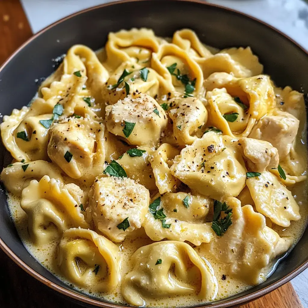 A bowl of creamy pasta with chicken and herbs, featuring various shapes of noodles coated in a rich sauce.