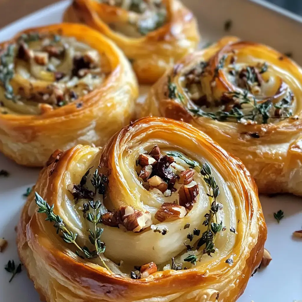 A close-up of golden, flaky pastry swirls filled with nuts and garnished with fresh thyme.