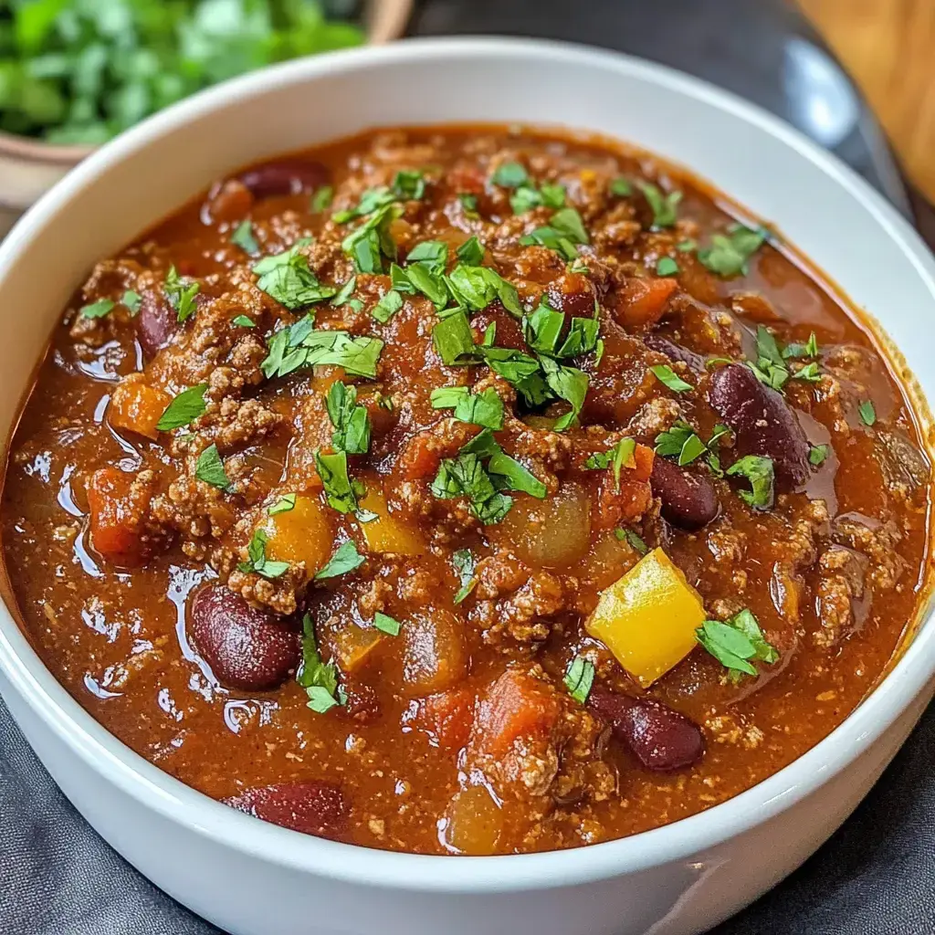 A close-up image of a bowl of chili topped with fresh cilantro, featuring ground meat, beans, and colorful diced vegetables.