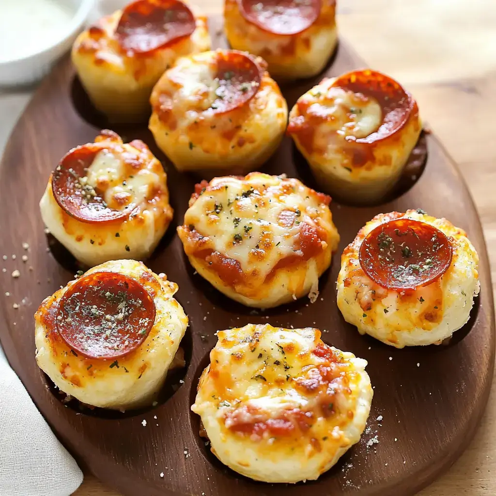 A wooden platter holds several baked pizza rolls topped with melted cheese, pepperoni, and herbs.