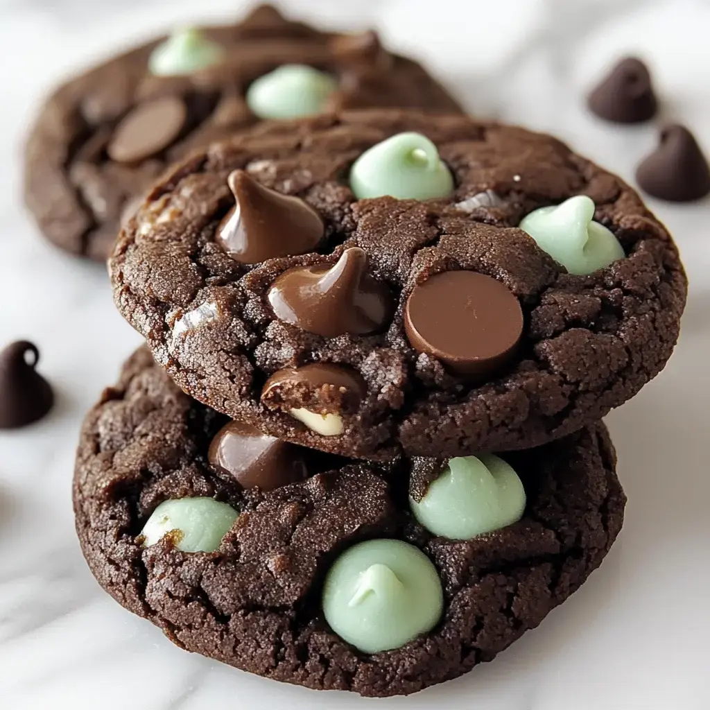 A stack of chocolate cookies adorned with dark and green mint chocolate chips, placed on a marble surface.