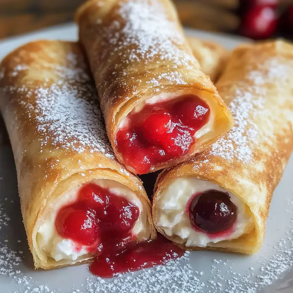 Three sweet rolled pancakes filled with cream cheese and fruit preserves, dusted with powdered sugar, arranged on a plate.