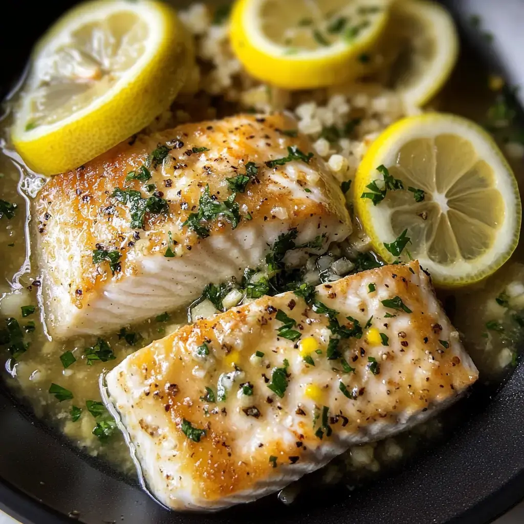 Two pieces of pan-seared fish are served with lemon slices and chopped parsley in a flavorful sauce.