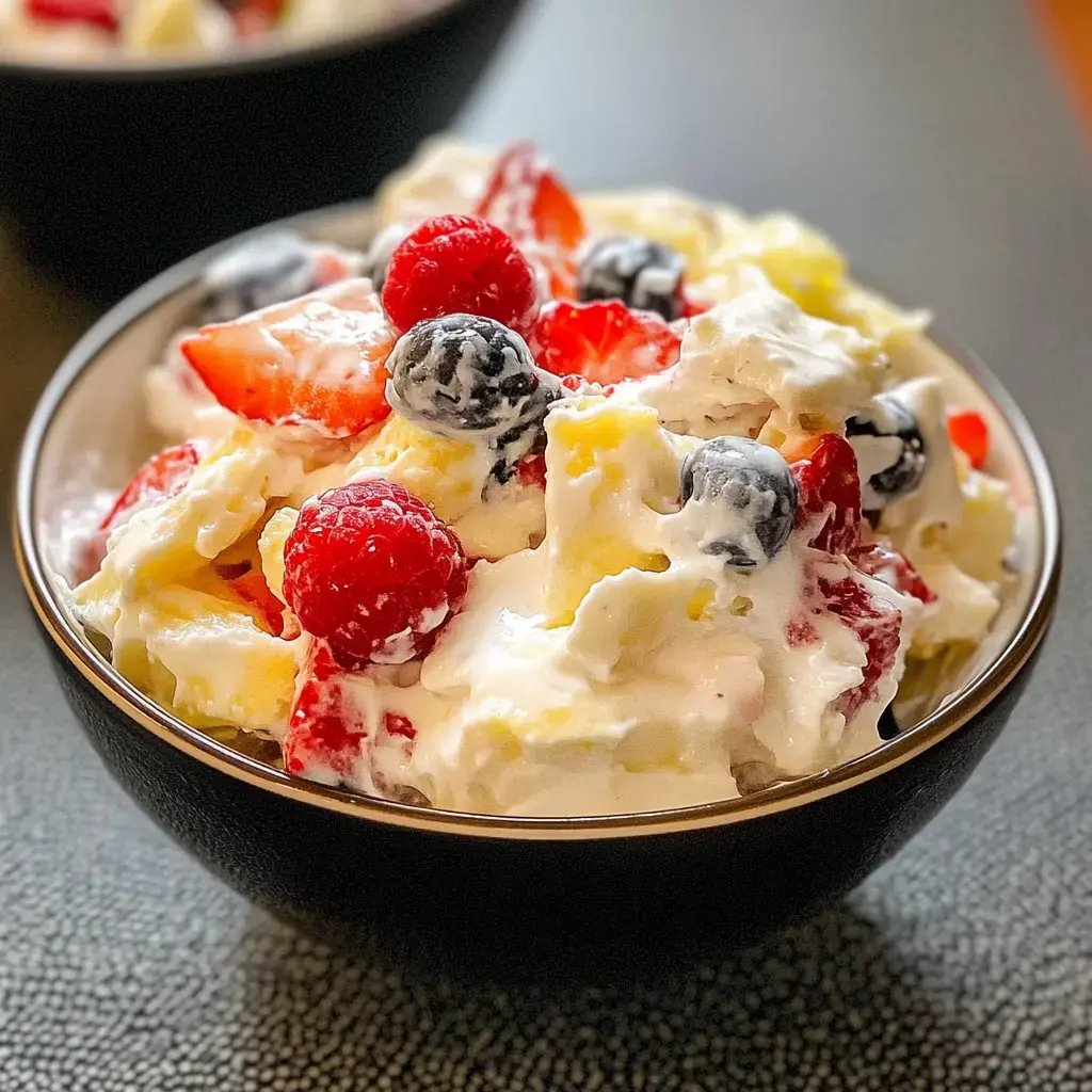 A bowl of mixed fruit salad topped with whipped cream, featuring strawberries, raspberries, and blueberries.