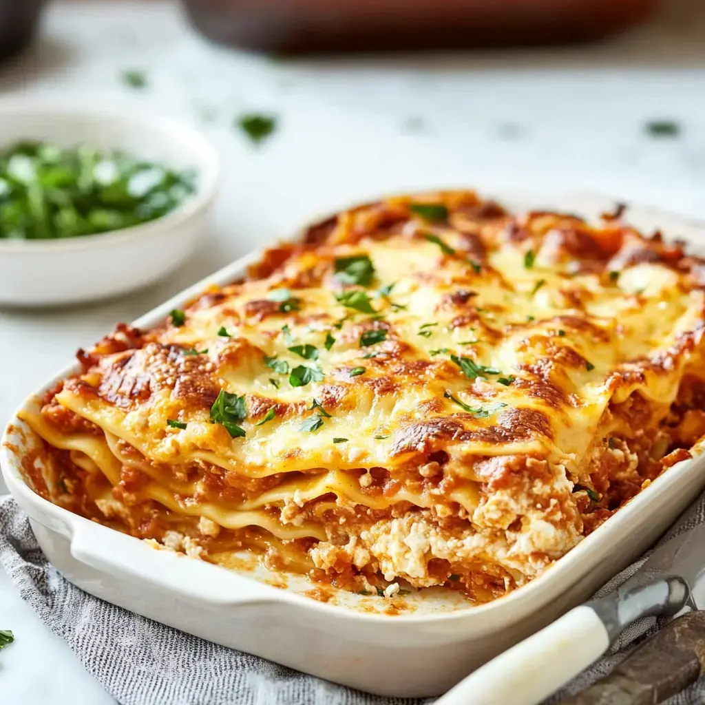 A golden-brown lasagna with layers of cheese and sauce is served in a white dish, garnished with parsley, alongside a small bowl of chopped green herbs.