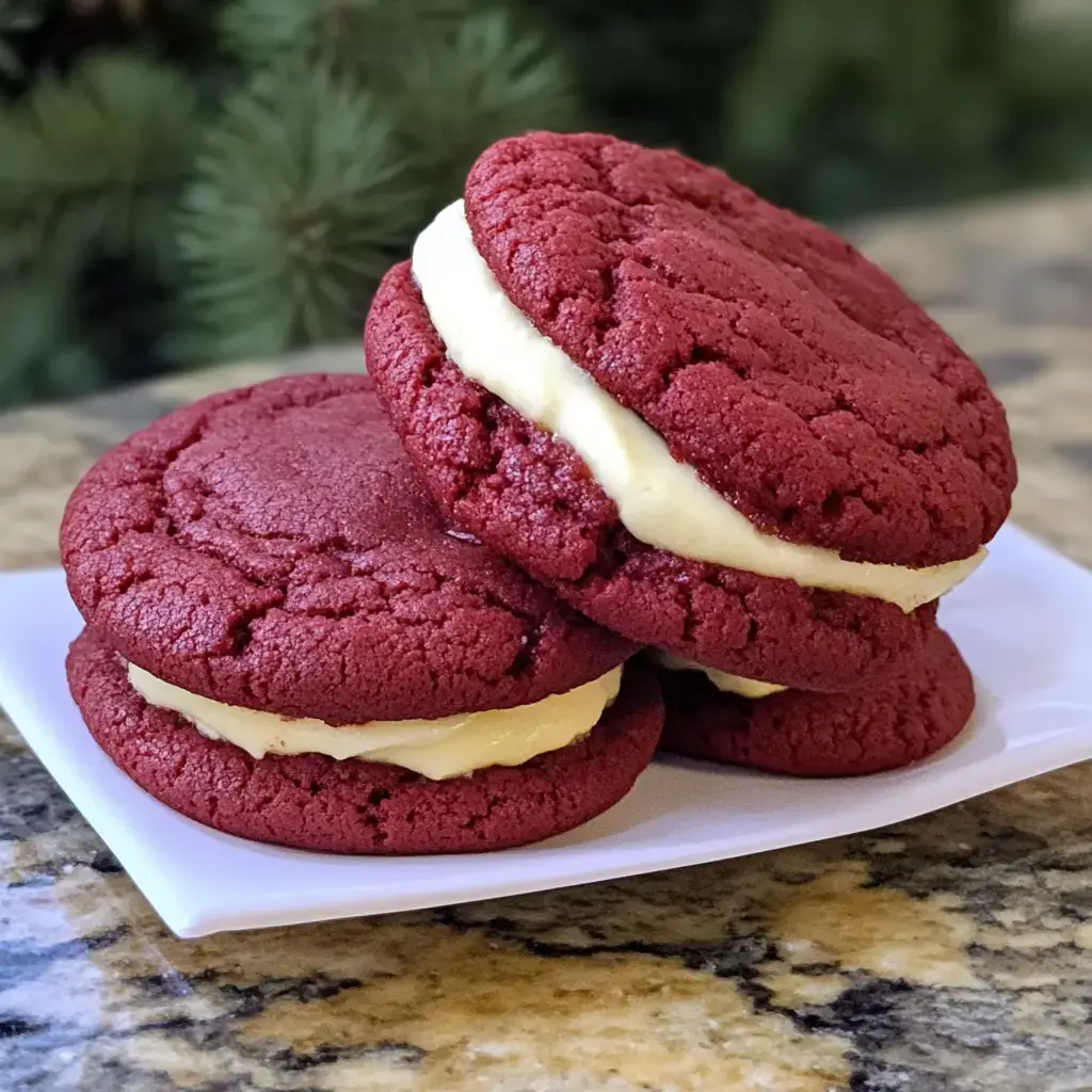 Three red velvet cookies filled with cream cheese frosting are stacked on a white plate.