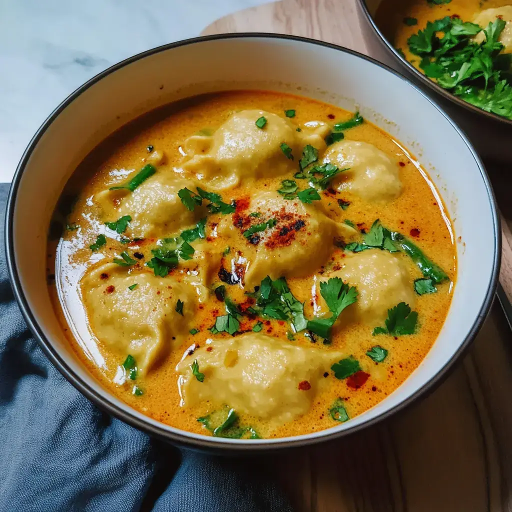 A bowl of creamy dumplings in a spicy sauce, garnished with fresh cilantro and spices, set on a wooden surface.