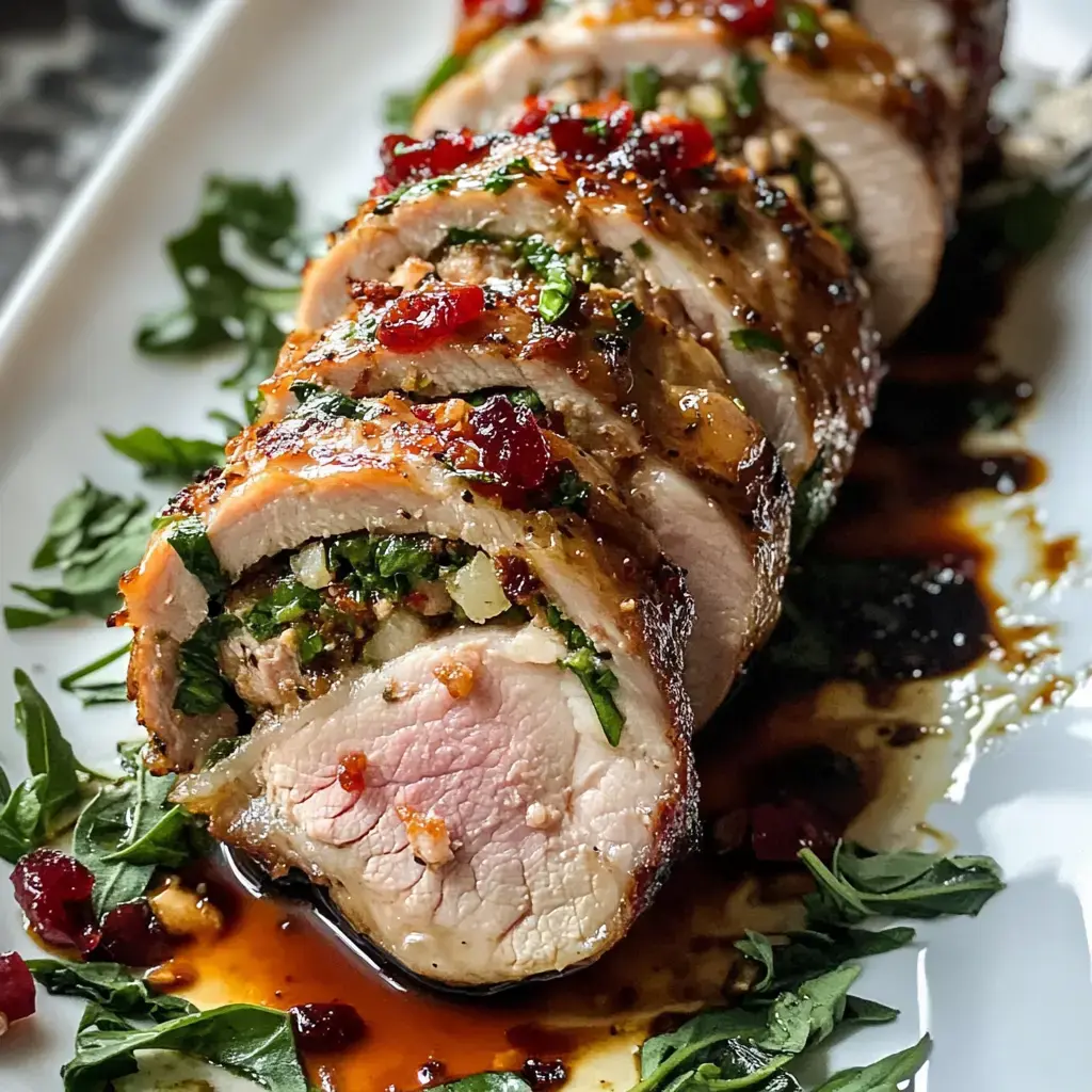 Sliced roasted pork loin with herbs and cranberries garnished on a white platter.