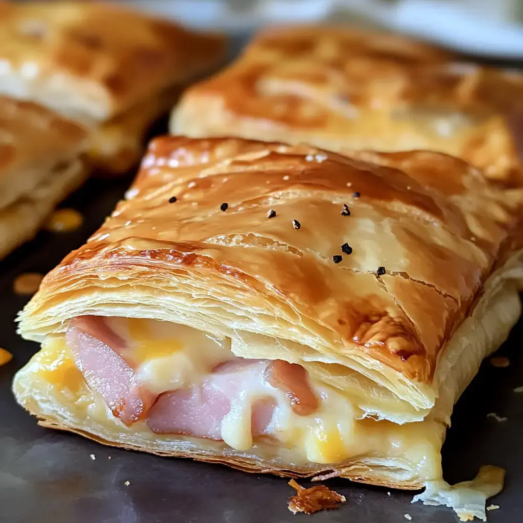 A close-up of a golden, flaky pastry filled with cheese and ham.