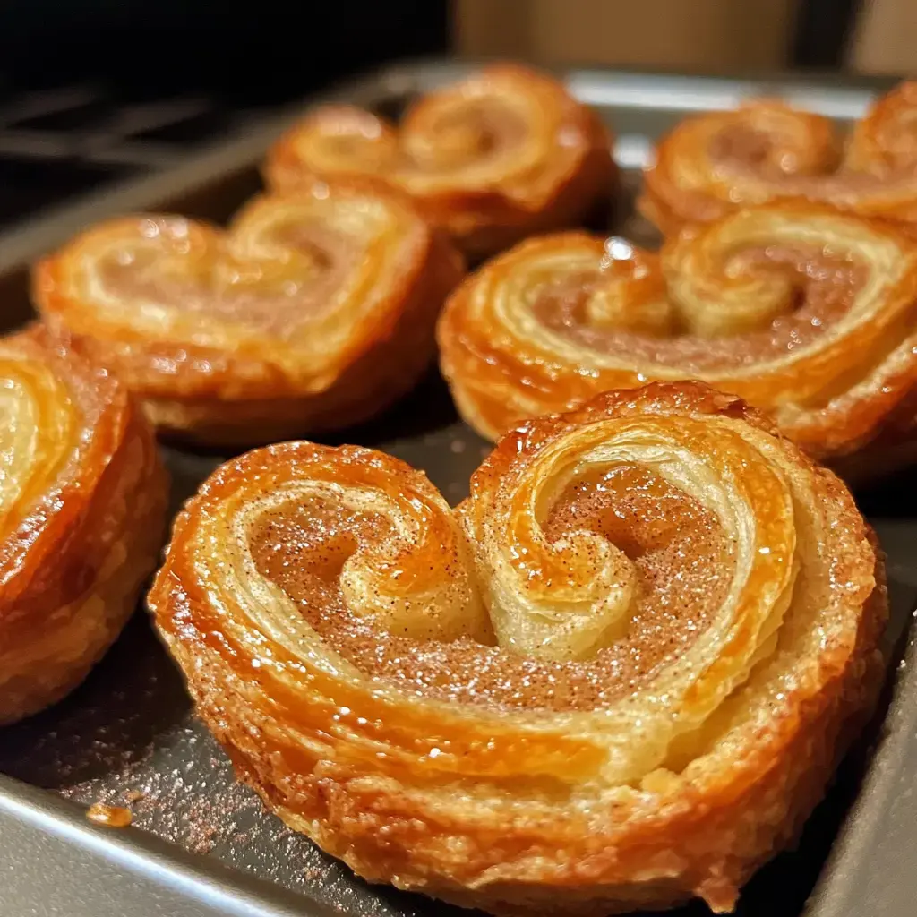 A close-up image of freshly baked heart-shaped palmier pastries with a golden-brown, crispy texture and a sprinkle of sugar on top.