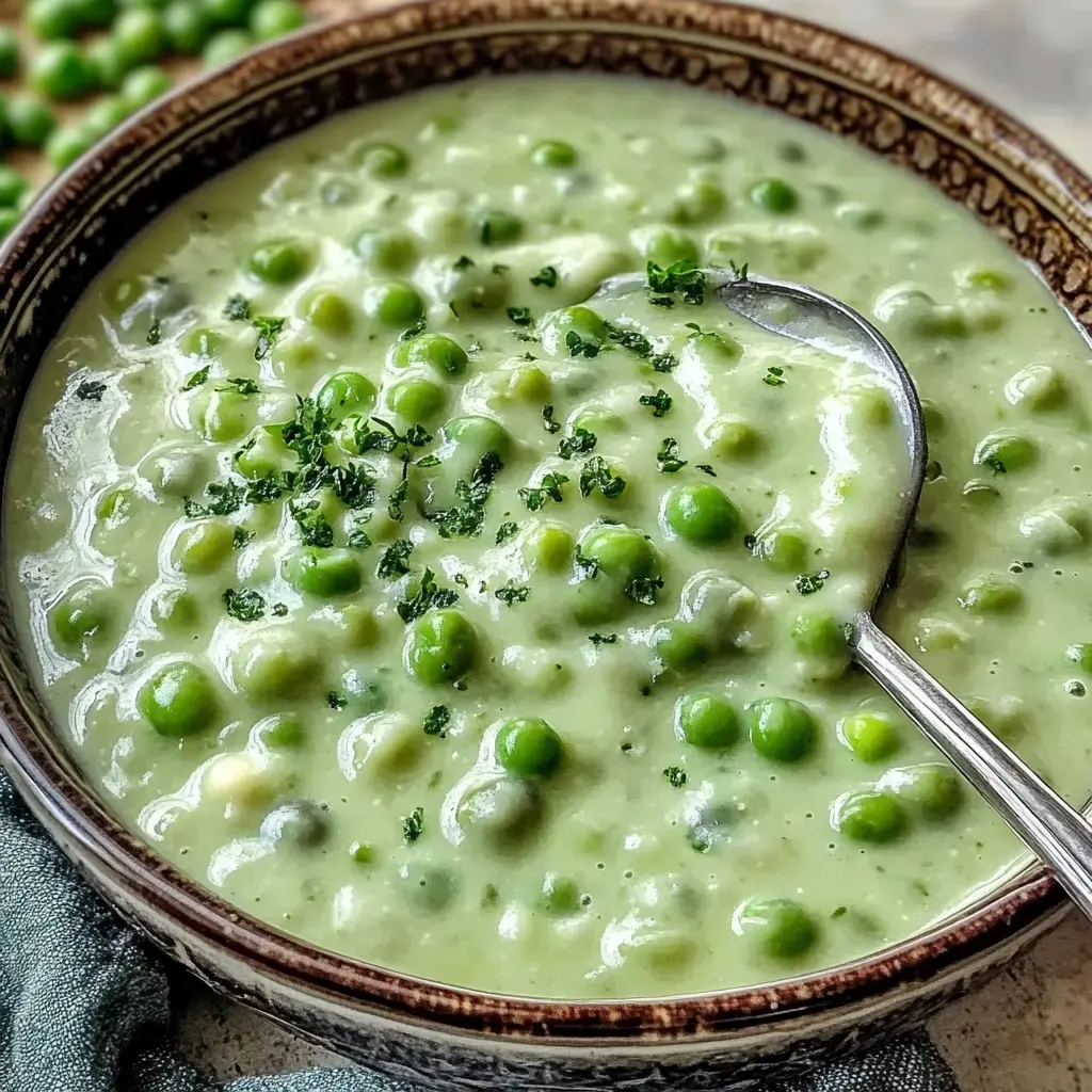 A bowl of creamy green pea soup garnished with fresh herbs and served with a spoon.