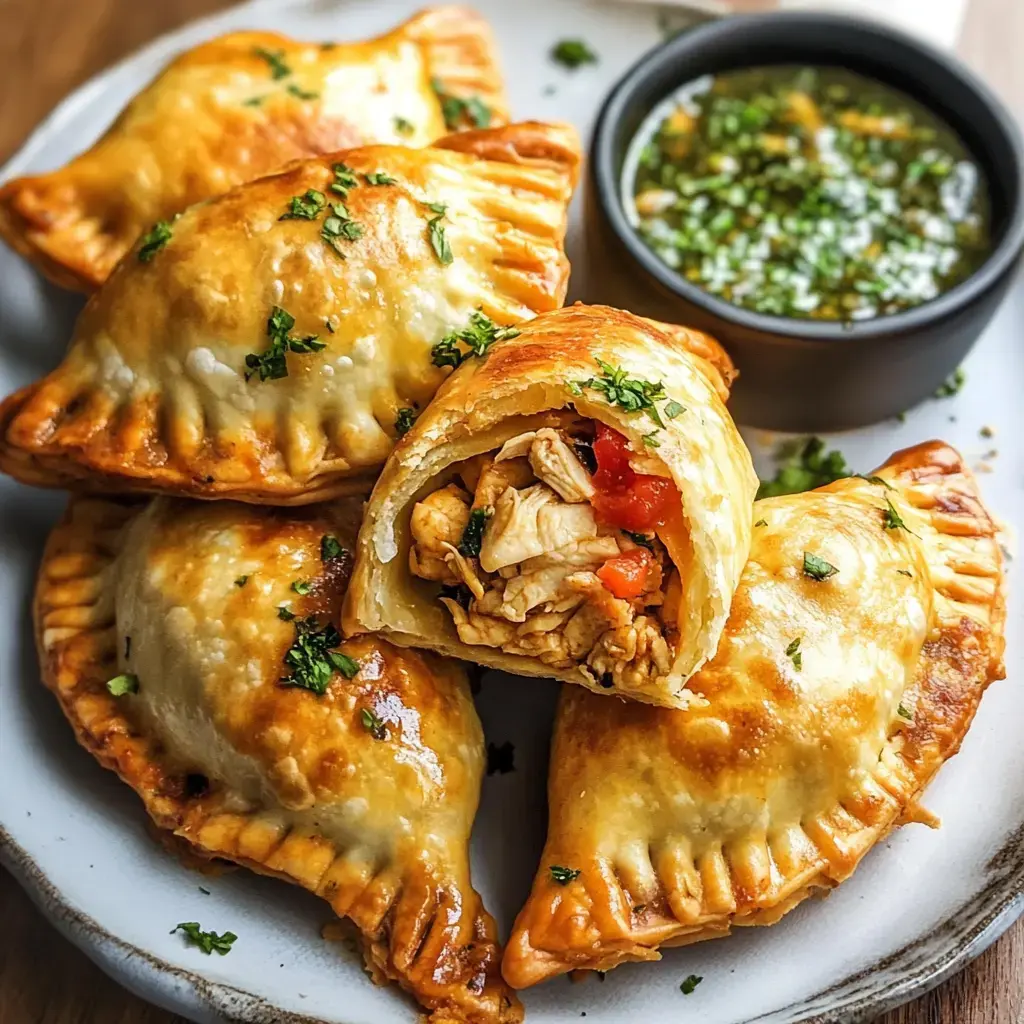 A plate of golden-brown empanadas, filled with chicken and tomato, garnished with parsley, accompanied by a small bowl of green dipping sauce.