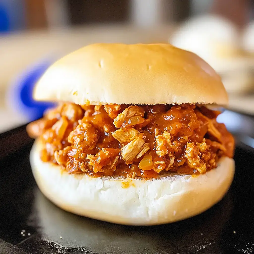 A close-up of a sandwich filled with a savory mixture of shredded meat and sauce, nestled in a soft bun.