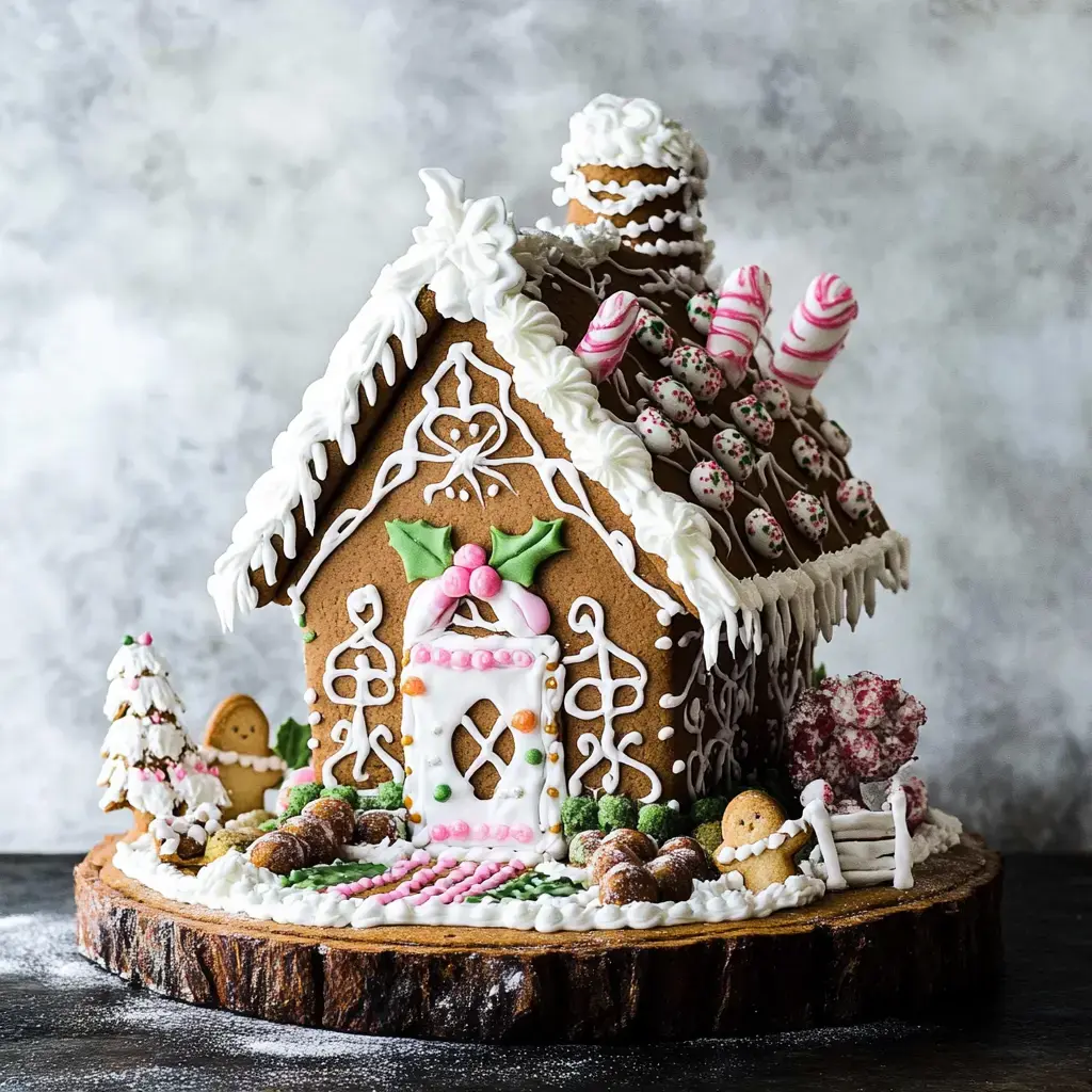 A beautifully decorated gingerbread house with icing, colorful candies, and tiny gingerbread figures, set on a wooden platform.