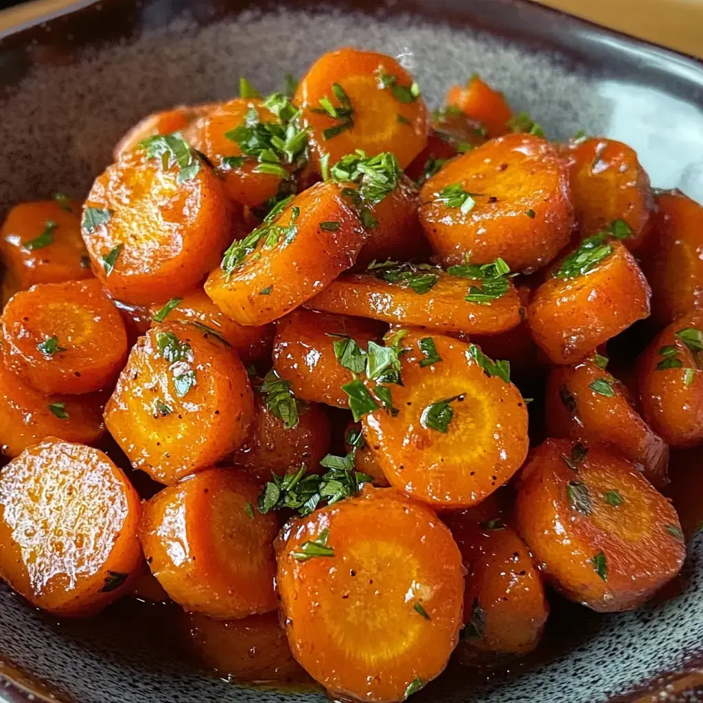 A bowl of glossy, sautéed carrot slices garnished with fresh green herbs.