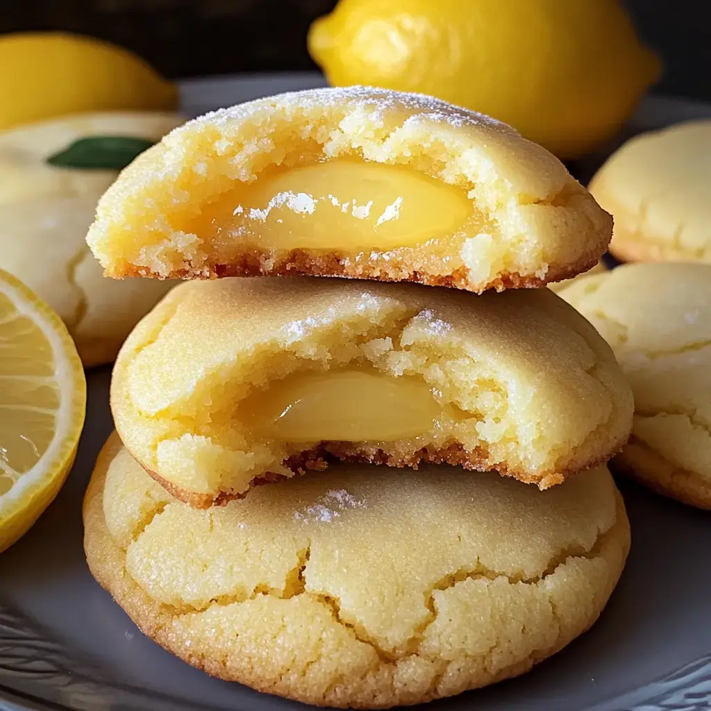 A stack of lemon-filled cookies, with one cookie cut in half to reveal its creamy lemon filling, surrounded by whole lemons and more cookies on a plate.