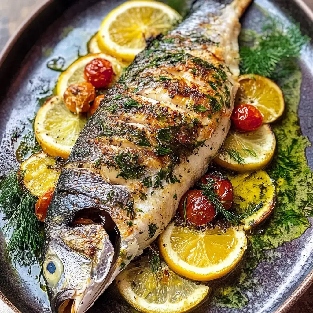 A beautifully plated whole grilled fish, garnished with fresh herbs, surrounded by lemon slices and roasted cherry tomatoes.