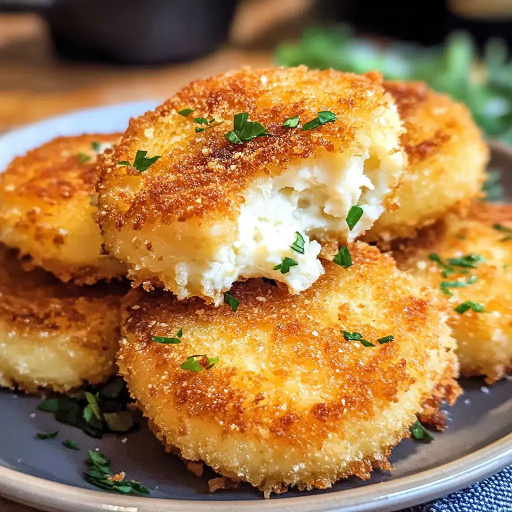 A plate of golden-brown, breaded potato patties garnished with parsley, with one patty showing a fluffy interior.