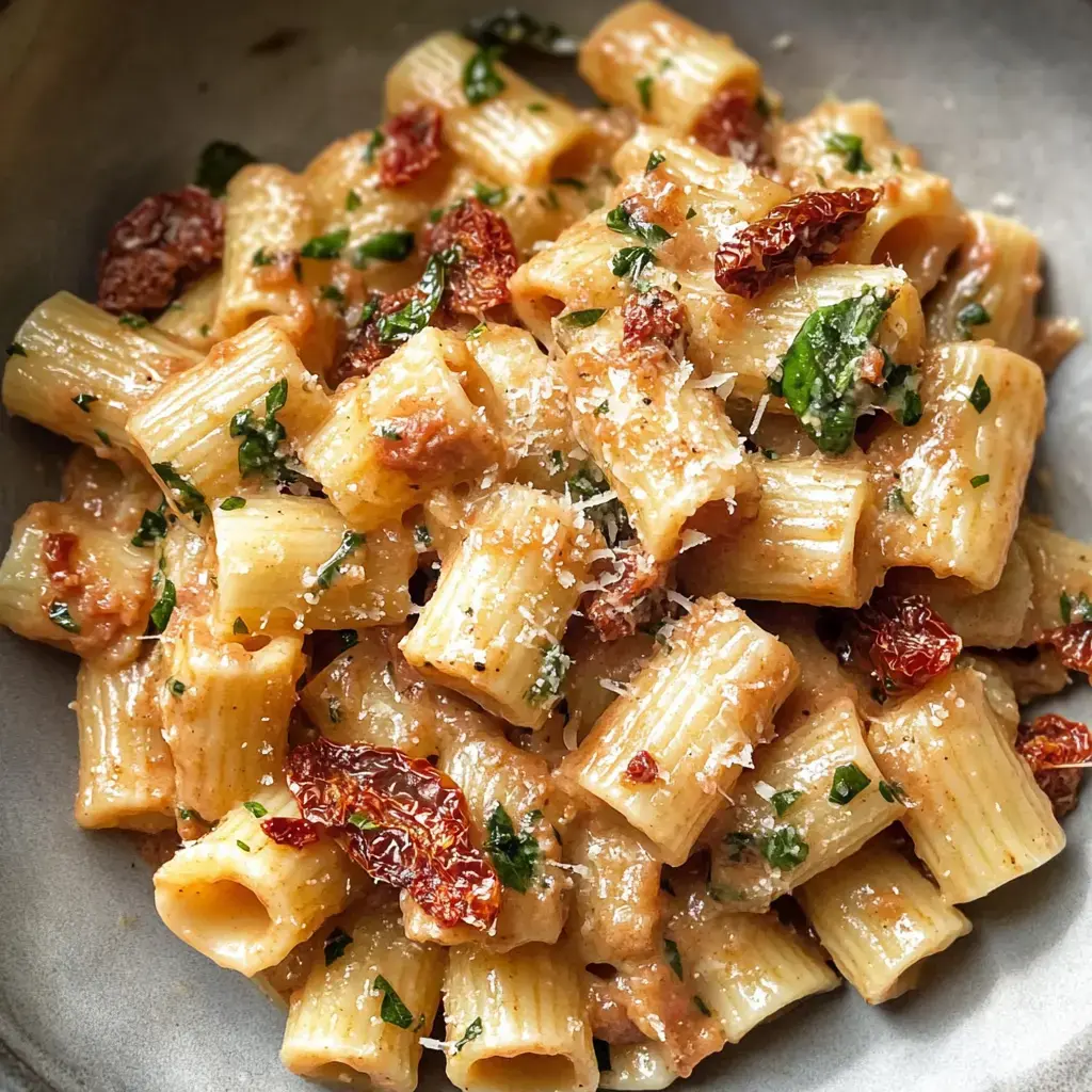 A close-up of creamy rigatoni pasta topped with sun-dried tomatoes, herbs, and grated cheese in a bowl.