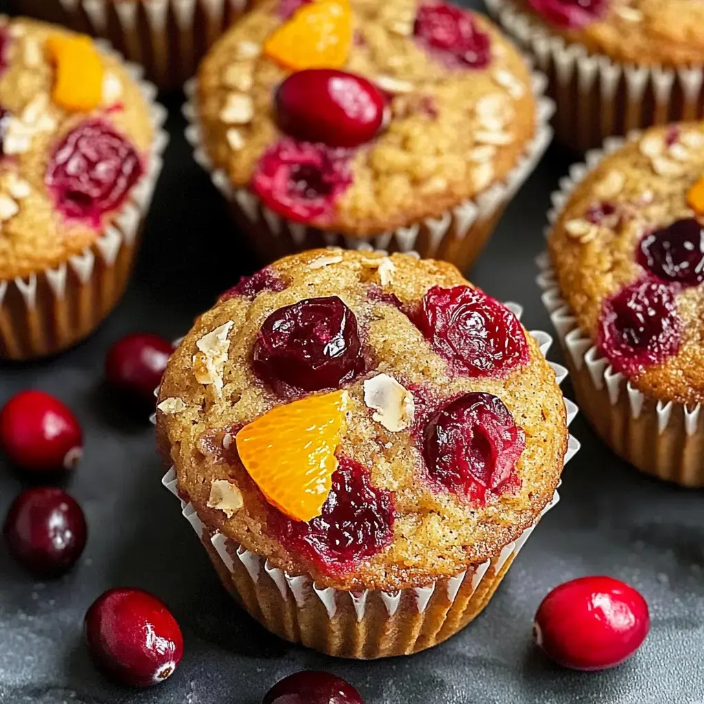 A close-up of freshly baked muffins topped with cranberries and orange slices, set against a dark background.