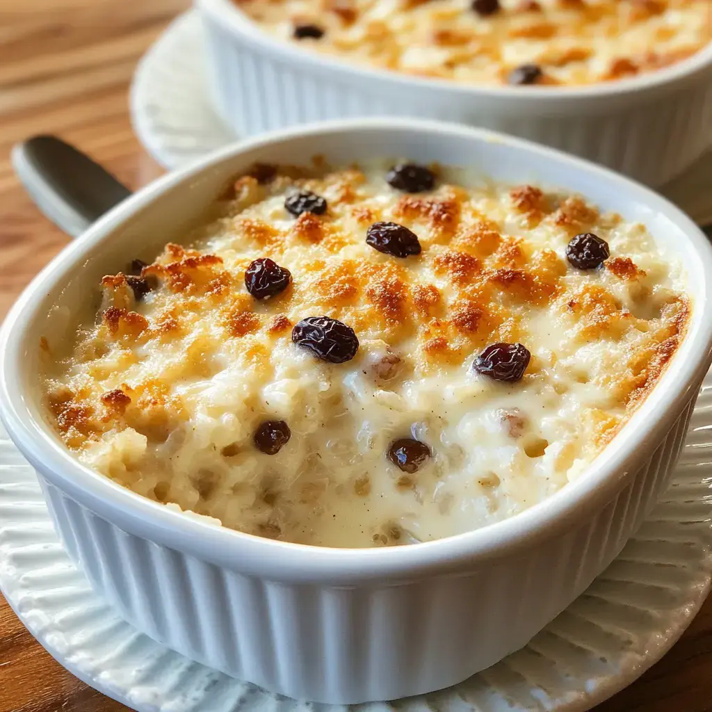 A creamy baked dish with a golden topping and sprinkled raisins, served in a white dish.