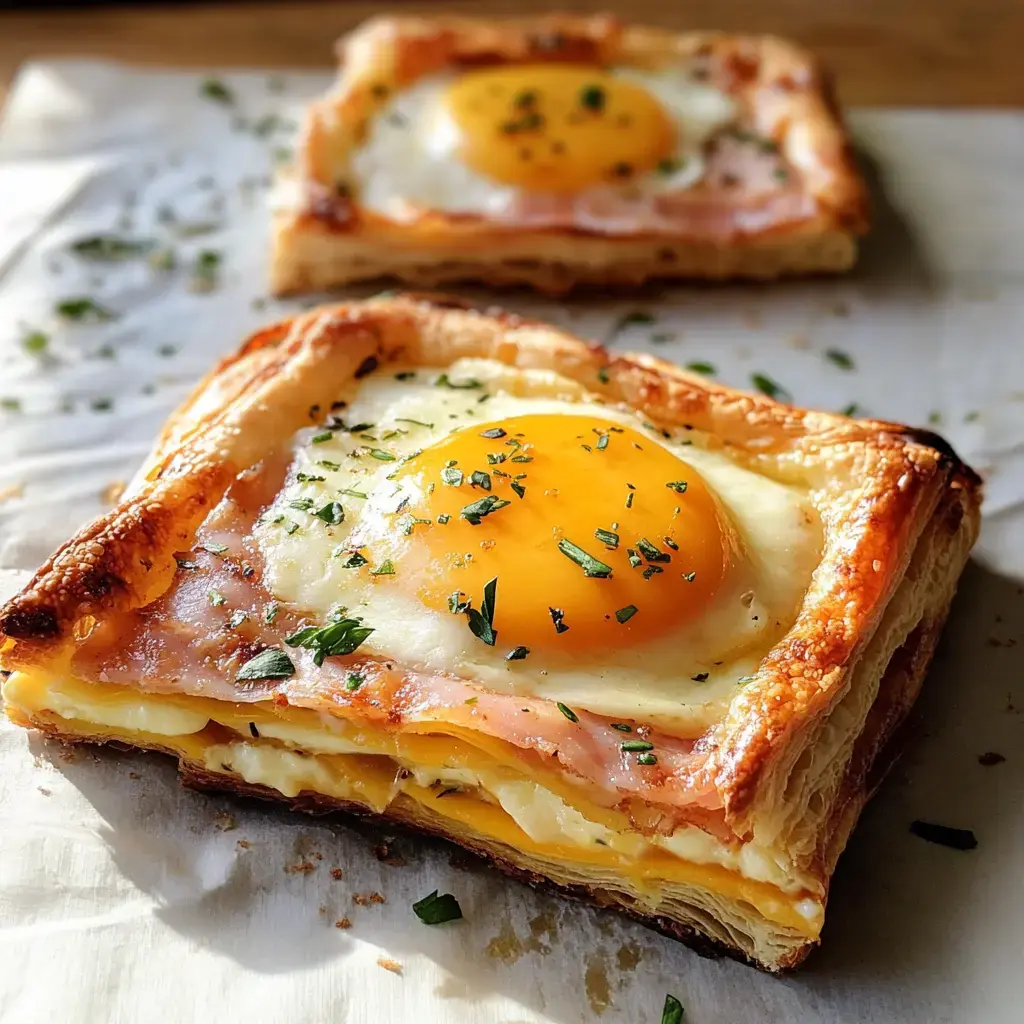 A close-up of a freshly baked puff pastry topped with a sunny-side-up egg, ham, and sprinkled with herbs, with another similar pastry blurred in the background.