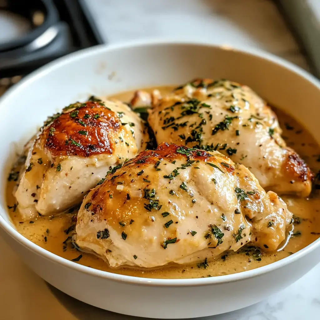 Three cooked chicken breasts garnished with herbs sit in a creamy sauce in a white bowl.