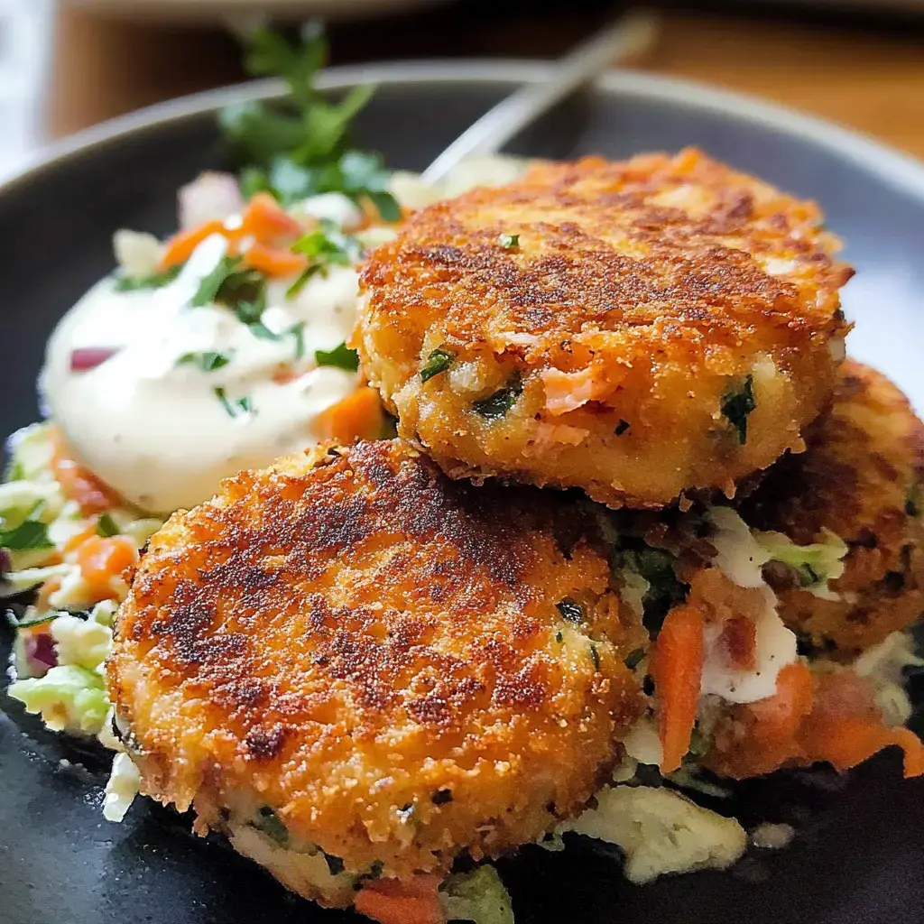 A close-up of three golden-brown fritters served on a plate with a side of creamy sauce and a colorful vegetable salad.