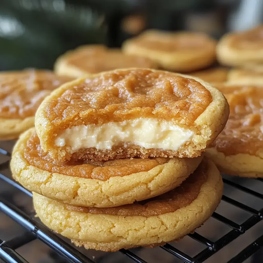 A stack of two thick cookies, with the top one partially bitten to reveal a creamy filling inside.