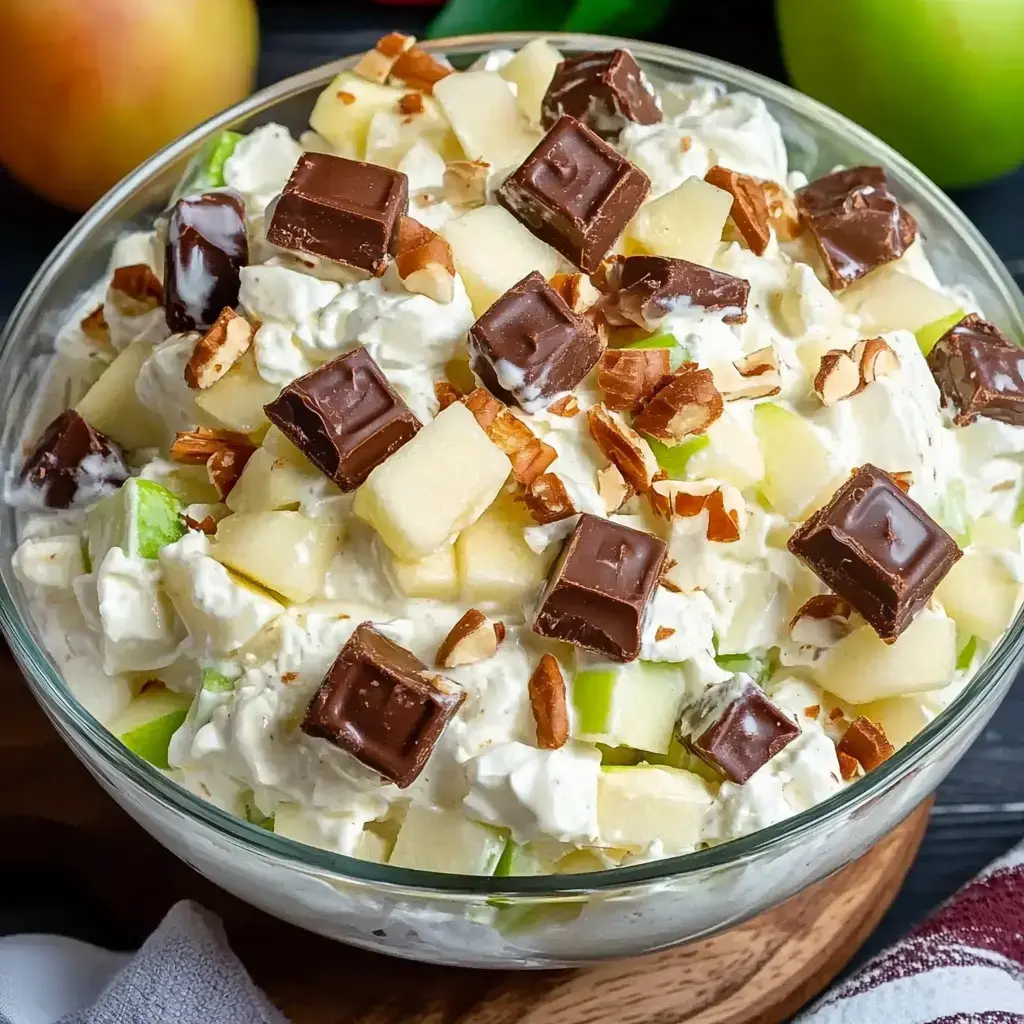 A glass bowl filled with a creamy salad featuring chopped apples, chocolate pieces, and nuts, garnished with more apple chunks and chocolate.