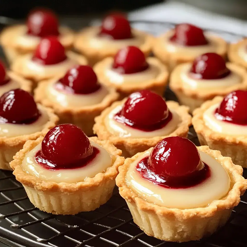 A close-up image of miniature fruit tarts with creamy filling and a glossy cherry on top, arranged on a cooling rack.