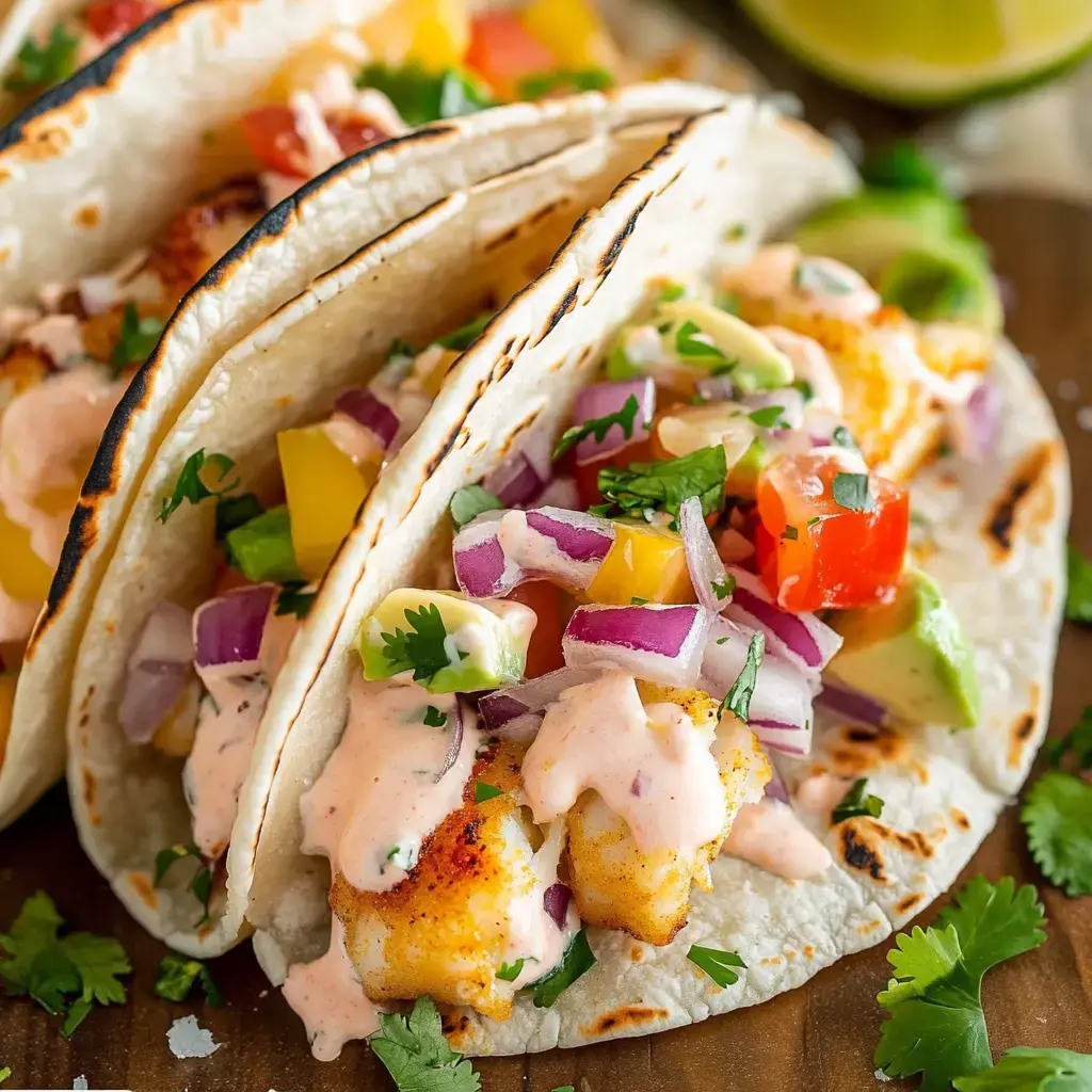 Three tacos filled with grilled fish, colorful diced vegetables, cilantro, and a creamy sauce are displayed on a wooden surface.