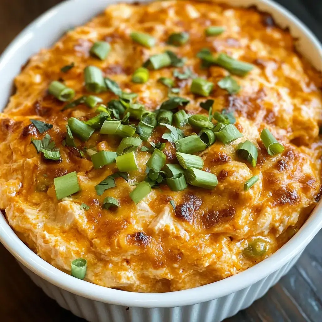 A baked dish topped with melted cheese and chopped green onions in a white ceramic bowl.