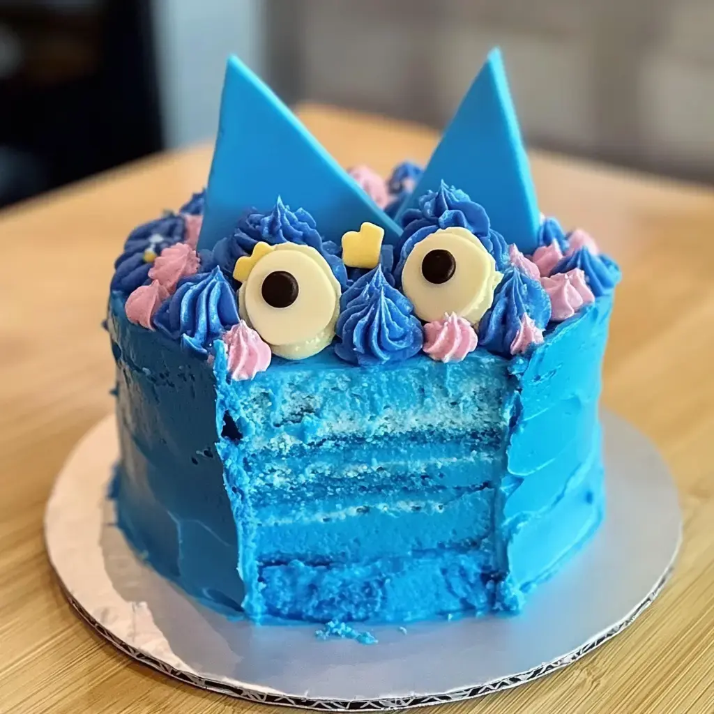 A colorful blue cake with cream decorations, featuring blue and pink frosting, candy eyes, and blue triangular cake toppers, with a slice removed revealing layered interior.