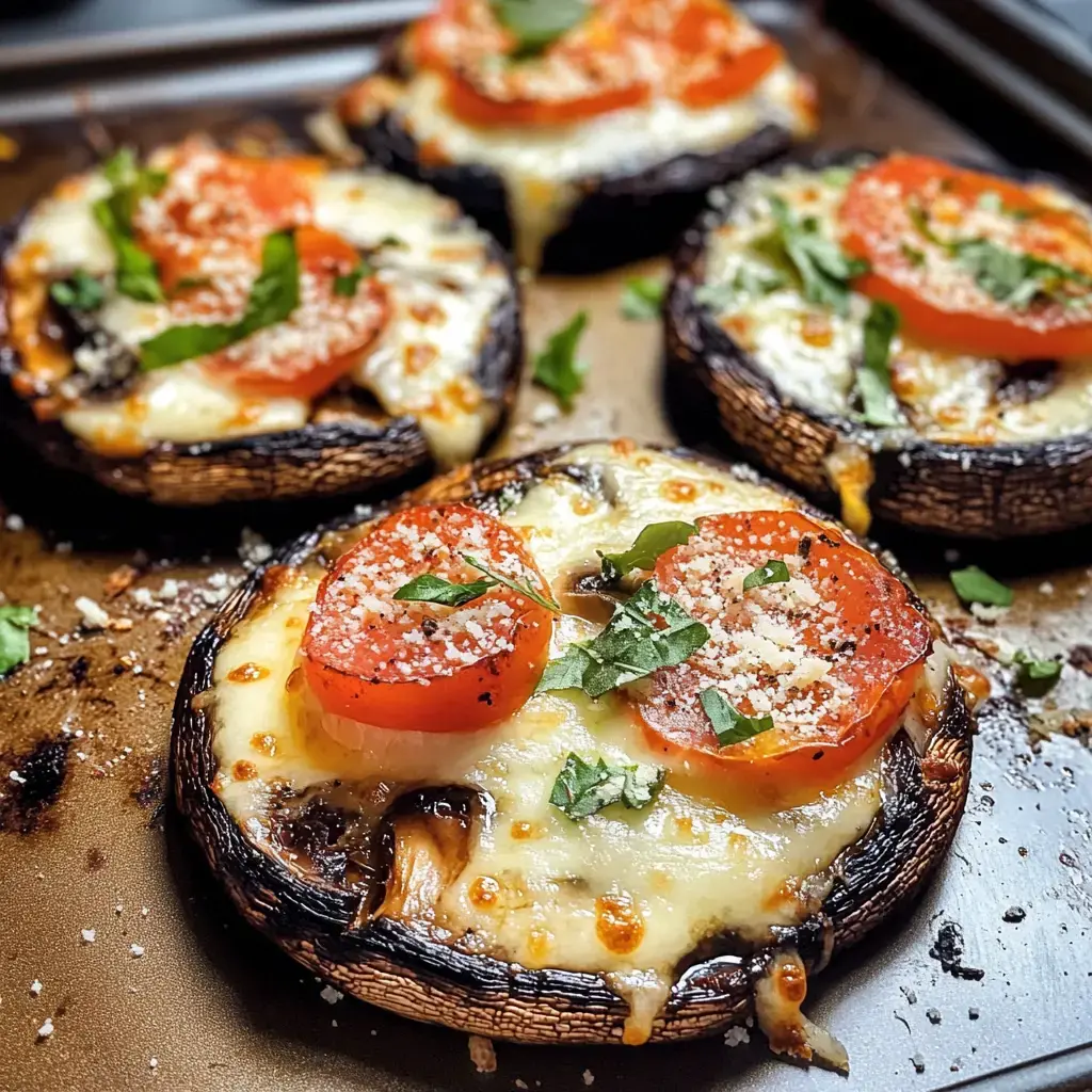 Four baked portobello mushrooms topped with melted cheese, sliced tomatoes, and fresh herbs, resting on a baking tray.