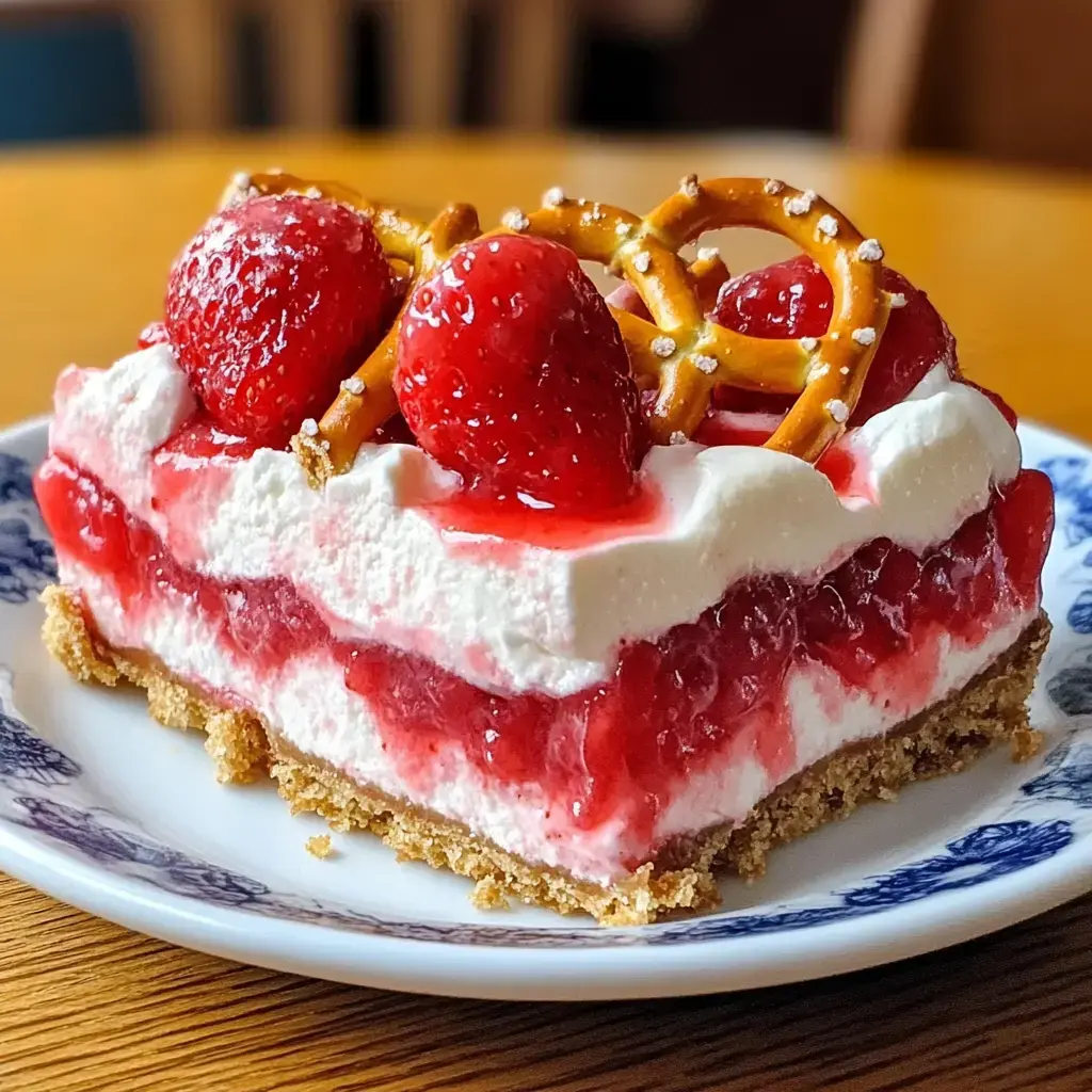 A slice of strawberry dessert topped with whipped cream, fresh strawberries, and pretzel accents, resting on a blue and white patterned plate.