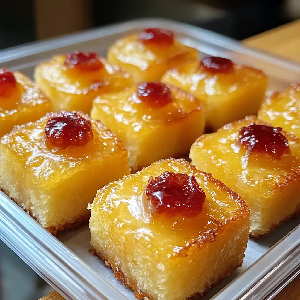 A close-up of square pieces of golden, glossy cake topped with a small dollop of red jam, arranged neatly in a tray.