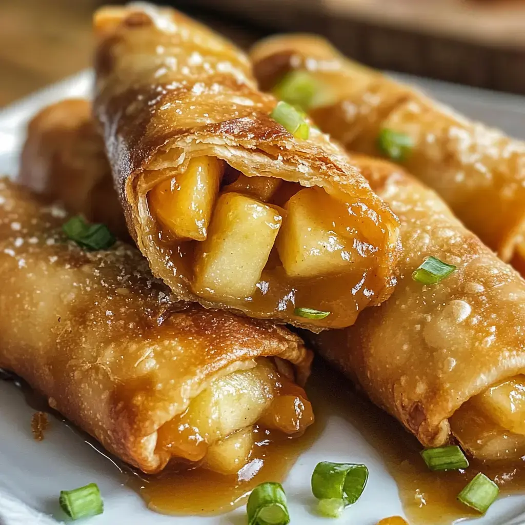 Golden-brown, crispy rolls filled with sweet apple chunks and drizzled with caramel sauce, garnished with green onions.